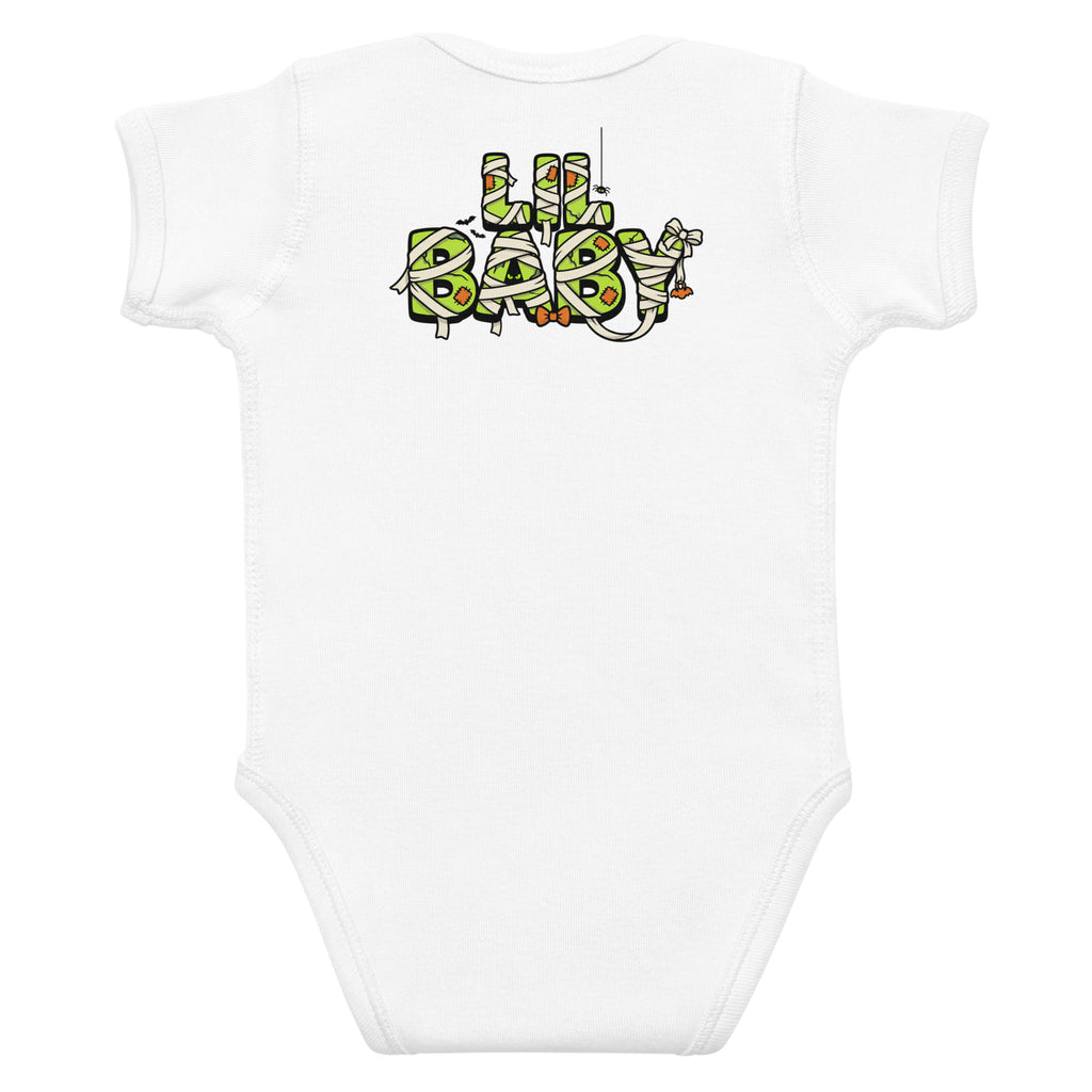 Haunted House Staff Lil Baby “Mini Monster Mascot” Infant Bodysuit with Mini Monster Mascot front design and matching LIL BABY back graphic for Halloween family outfits
