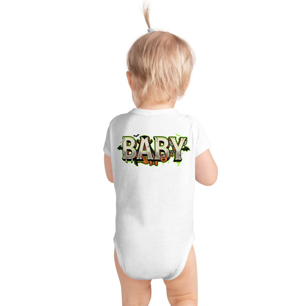 Haunted House Staff Baby “Tiny Terror in Training” Infant Bodysuit with Tiny Terror in Training front design and matching BABY back graphic for Halloween family outfits