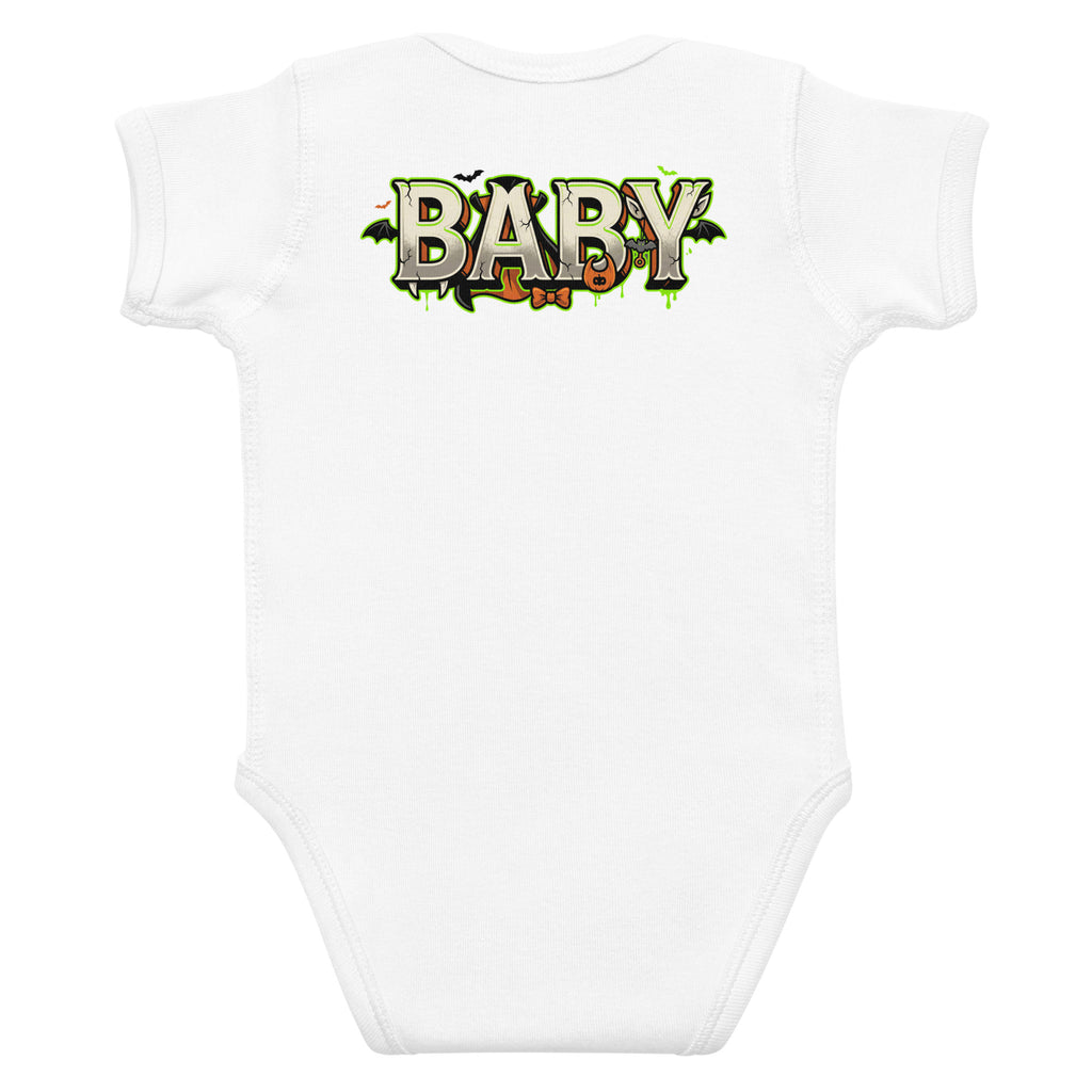 Haunted House Staff Baby “Tiny Terror in Training” Infant Bodysuit with Tiny Terror in Training front design and matching BABY back graphic for Halloween family outfits