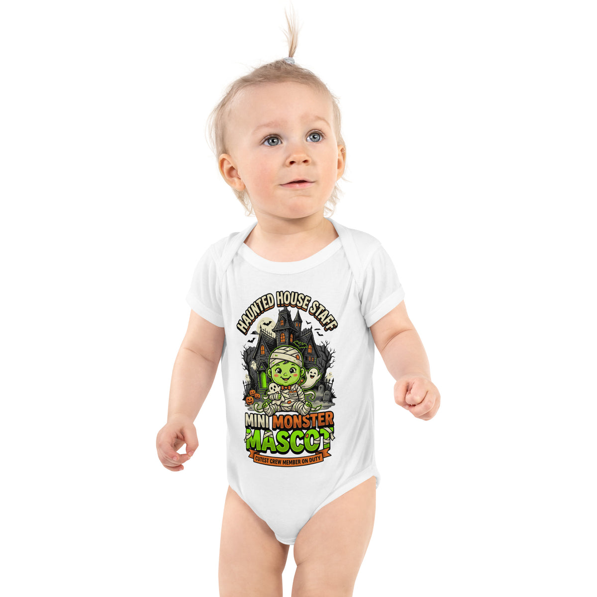 Haunted House Staff Lil Baby “Mini Monster Mascot” Infant Bodysuit with Mini Monster Mascot front design and matching LIL BABY back graphic for Halloween family outfits