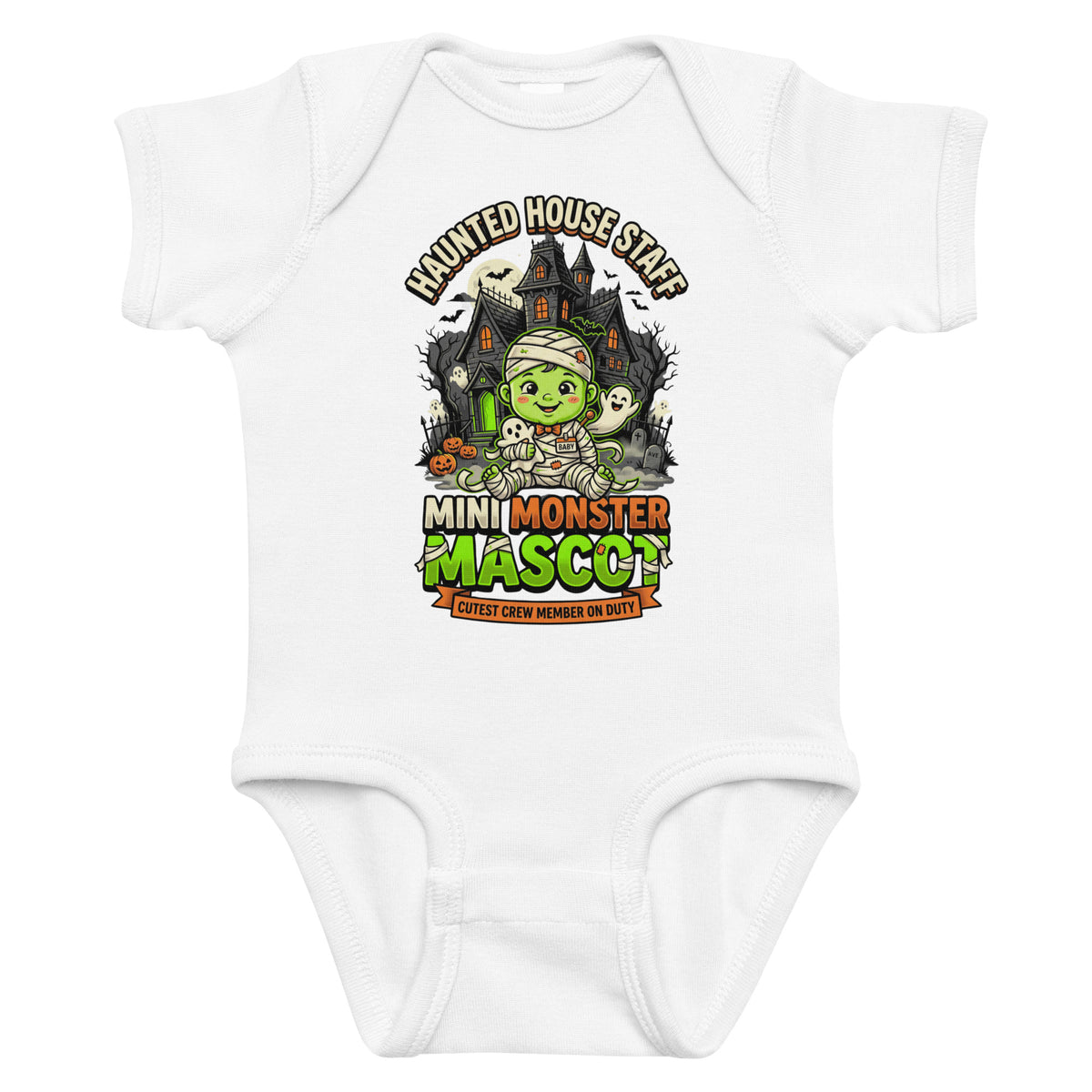 Haunted House Staff Lil Baby “Mini Monster Mascot” Infant Bodysuit with Mini Monster Mascot front design and matching LIL BABY back graphic for Halloween family outfits
