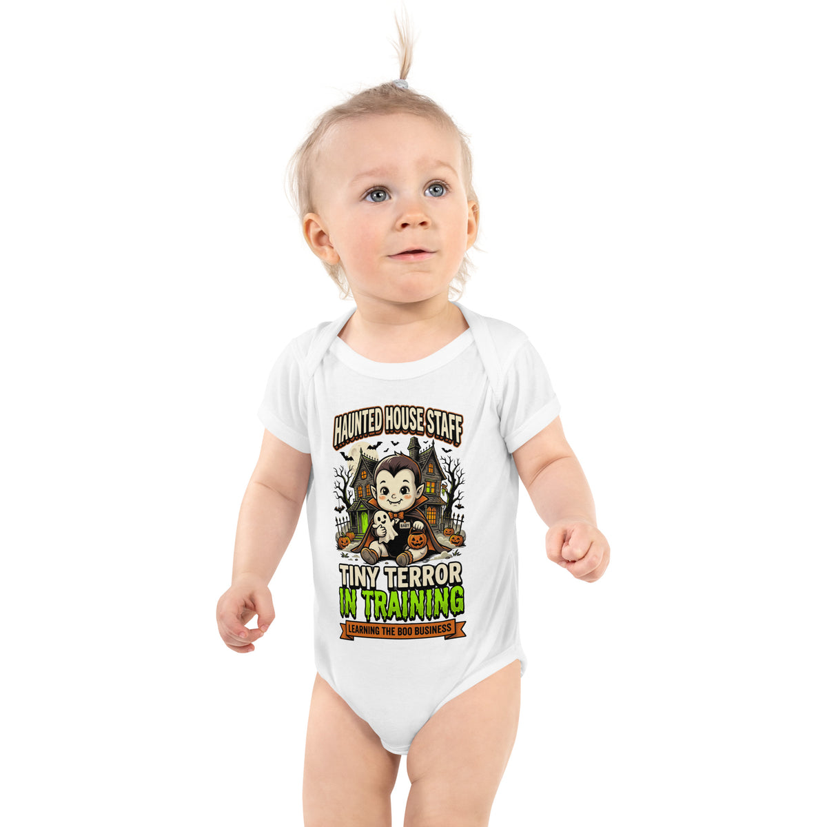 Haunted House Staff Baby “Tiny Terror in Training” Infant Bodysuit with Tiny Terror in Training front design and matching BABY back graphic for Halloween family outfits