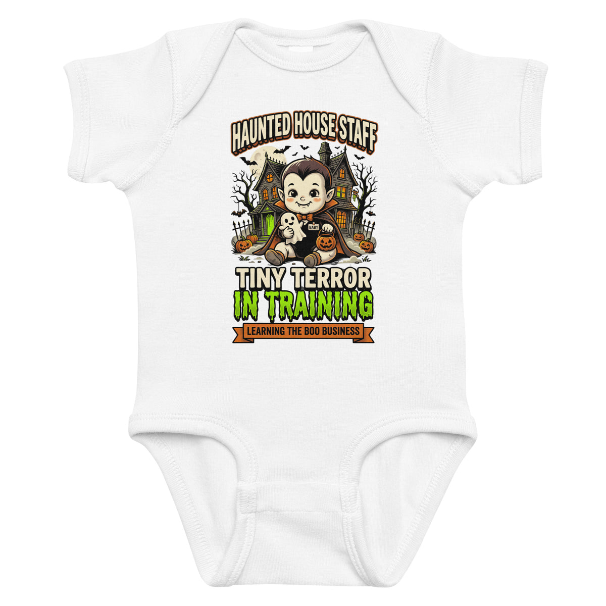 Haunted House Staff Baby “Tiny Terror in Training” Infant Bodysuit with Tiny Terror in Training front design and matching BABY back graphic for Halloween family outfits