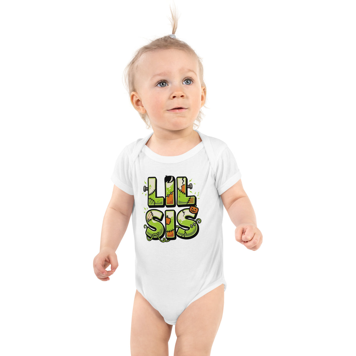 LIL SIS Halloween monster name Infant Bodysuit in White with spooky front lettering and blank back