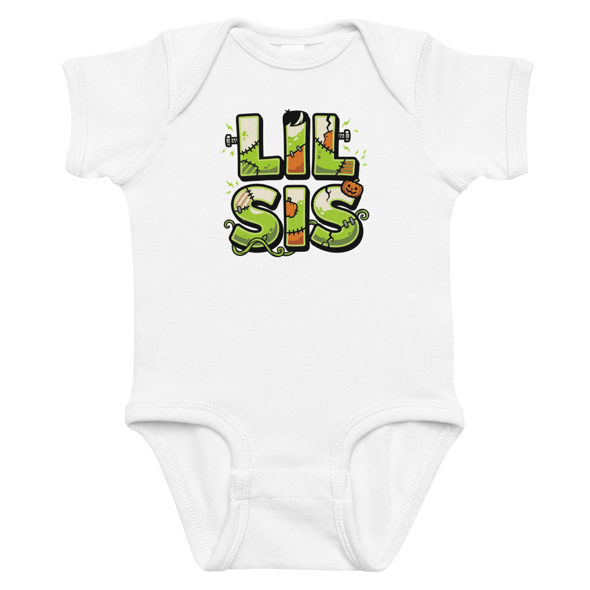 LIL SIS Halloween monster name Infant Bodysuit in Black with spooky front lettering and blank back
