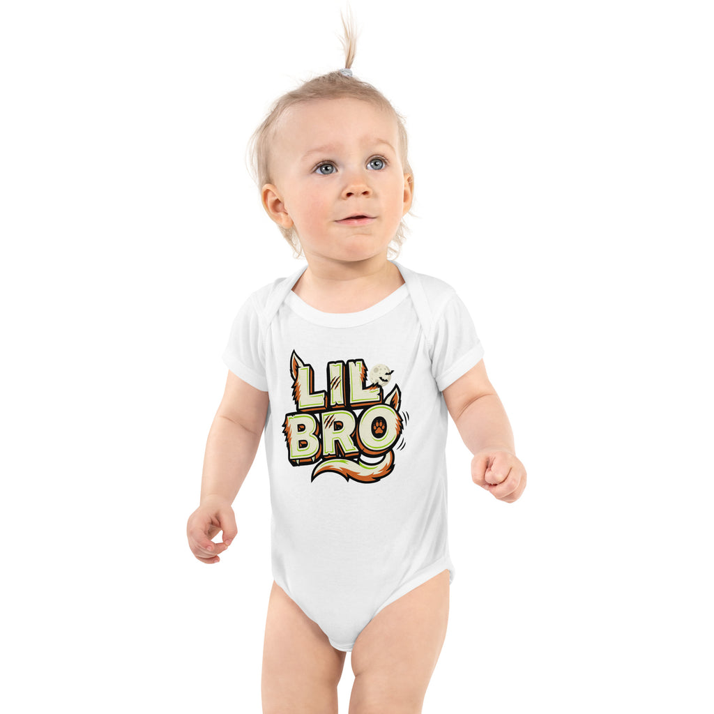LIL BRO Halloween monster name Infant Bodysuit in White with spooky front lettering and blank back