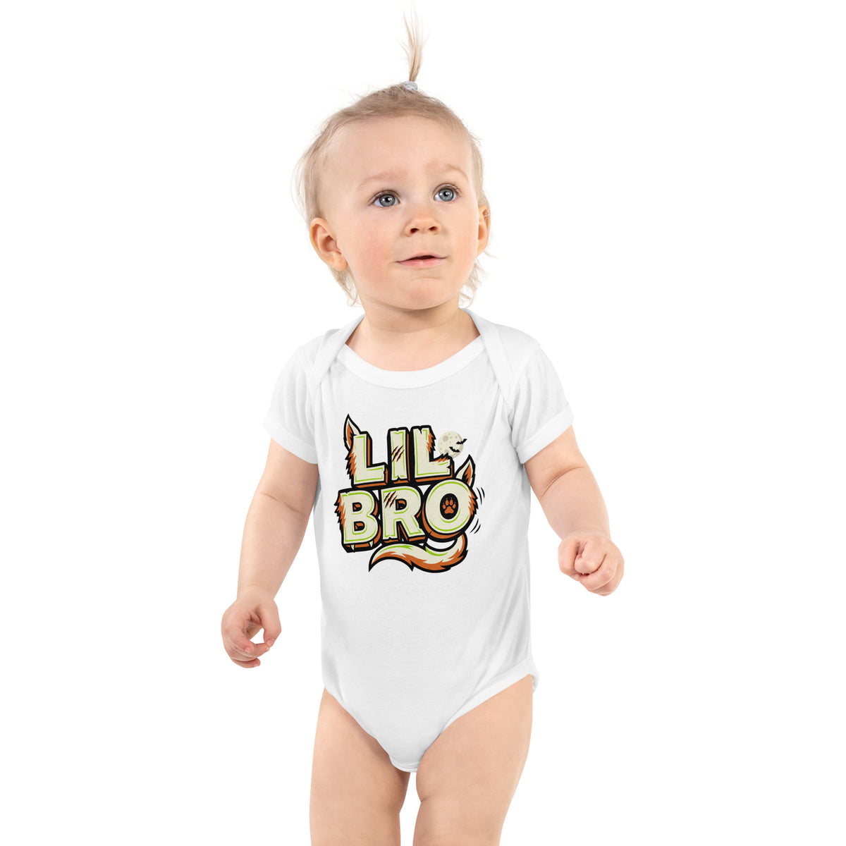 LIL BRO Halloween monster name Infant Bodysuit in White with spooky front lettering and blank back