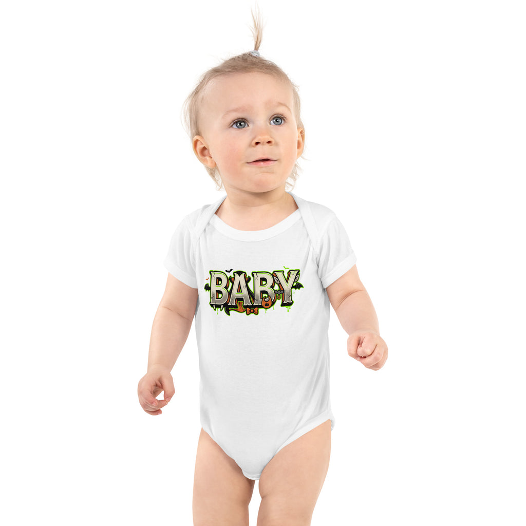 BABY Halloween monster name Infant Bodysuit in White with spooky front lettering and blank back