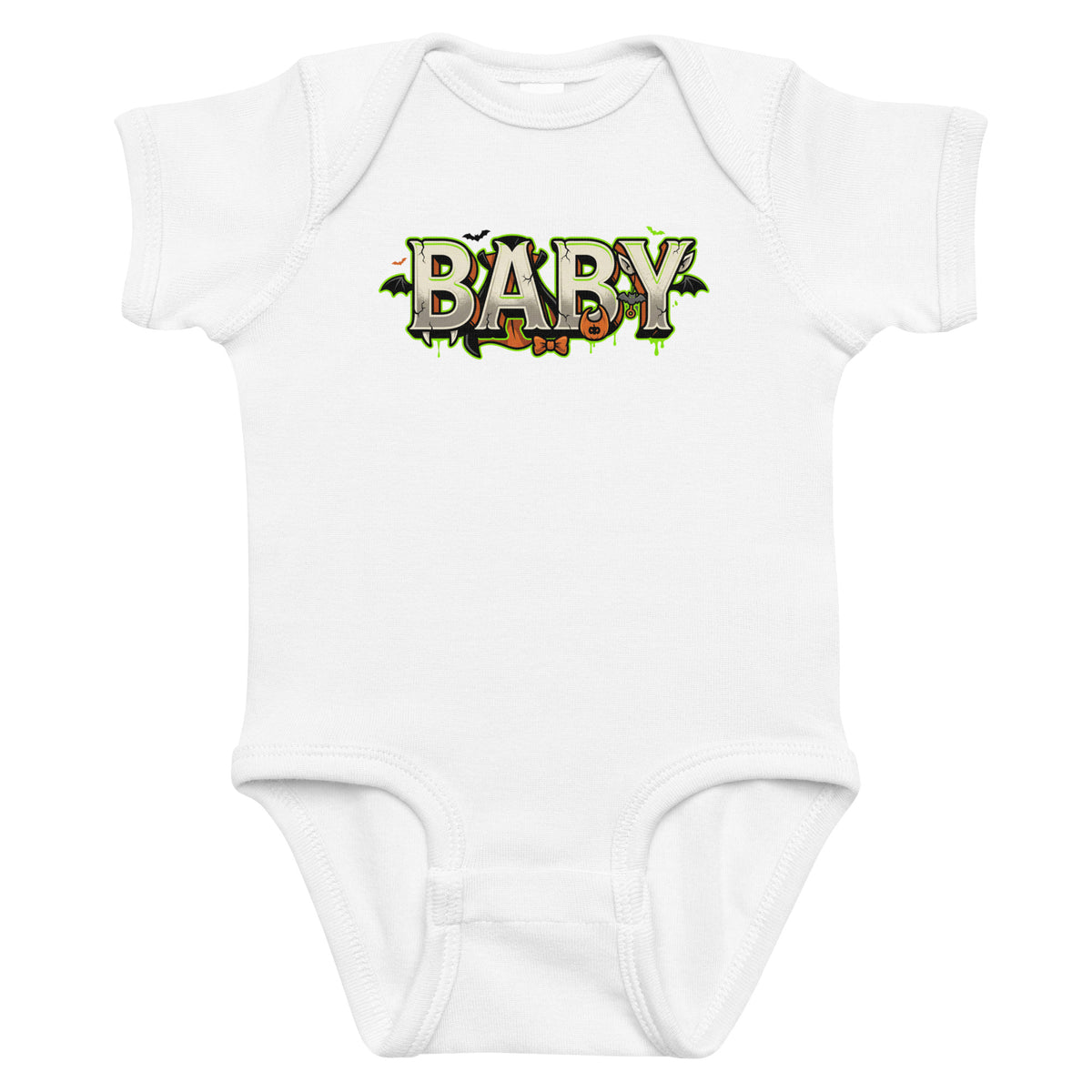 BABY Halloween monster name Infant Bodysuit in Black with spooky front lettering and blank back