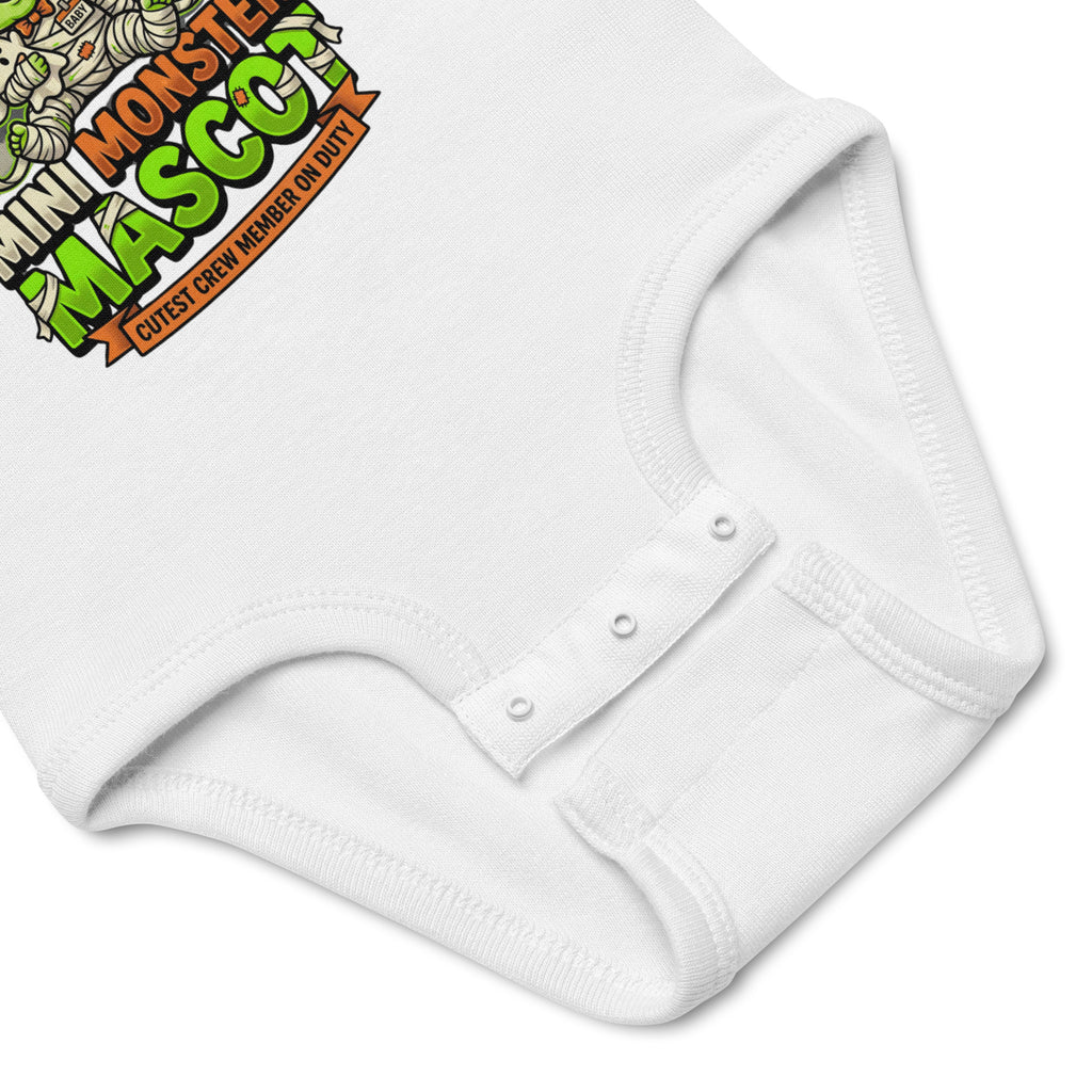 Haunted House Staff Lil Baby “Mini Monster Mascot” Infant Bodysuit with Mini Monster Mascot front design and matching LIL BABY back graphic for Halloween family outfits