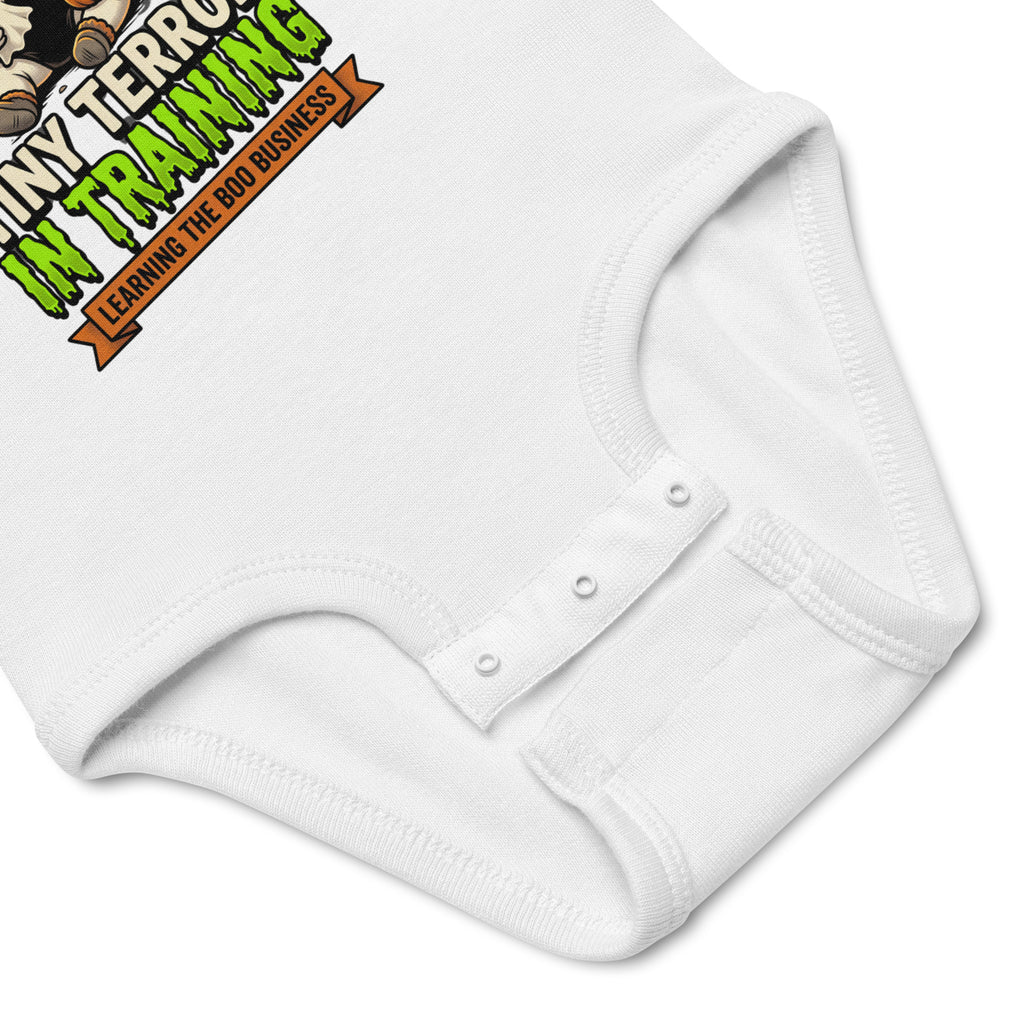 Haunted House Staff Baby “Tiny Terror in Training” Infant Bodysuit with Tiny Terror in Training front design and matching BABY back graphic for Halloween family outfits