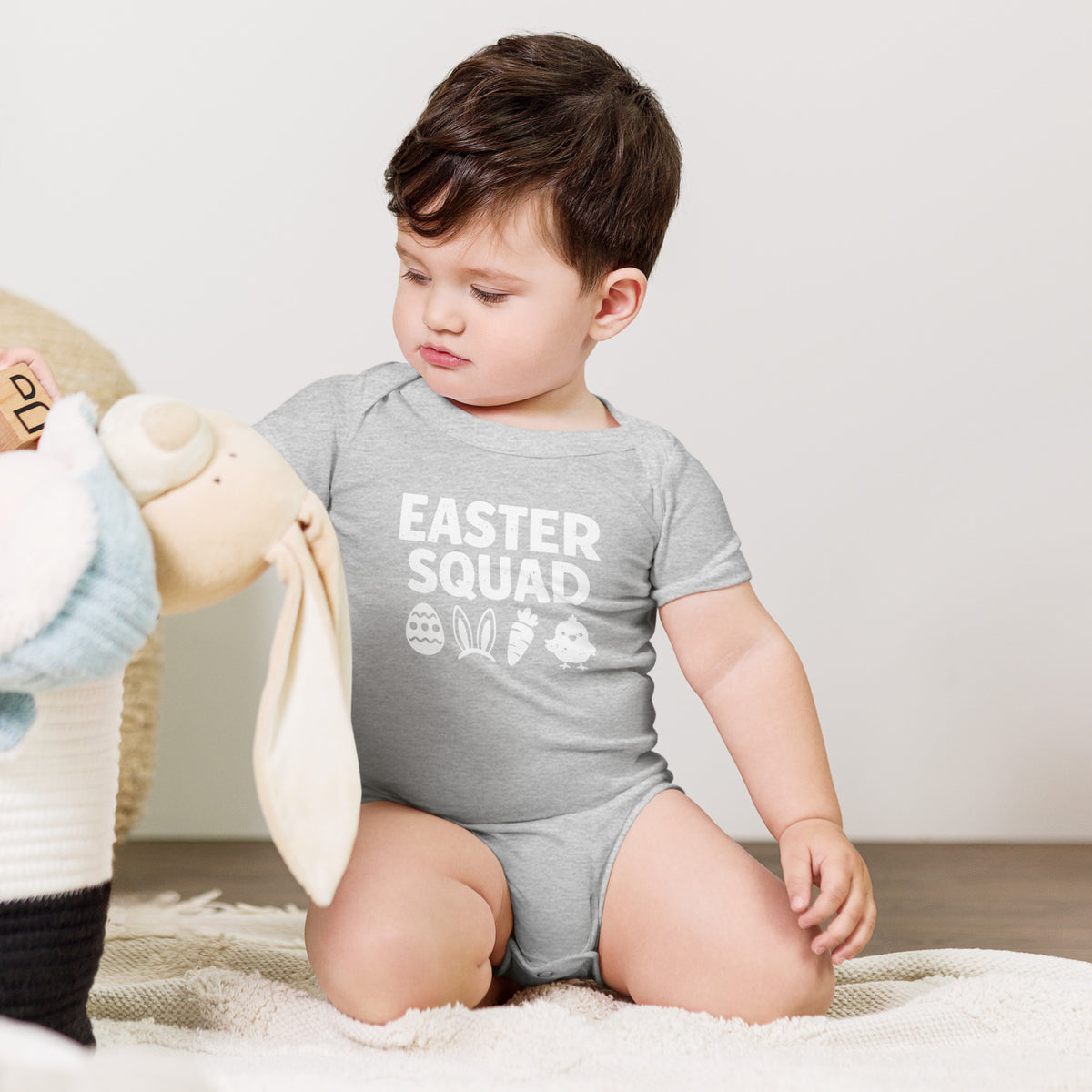 Back/detail view of Easter Squad (Bunny Icons) short sleeve one piece baby one-piece