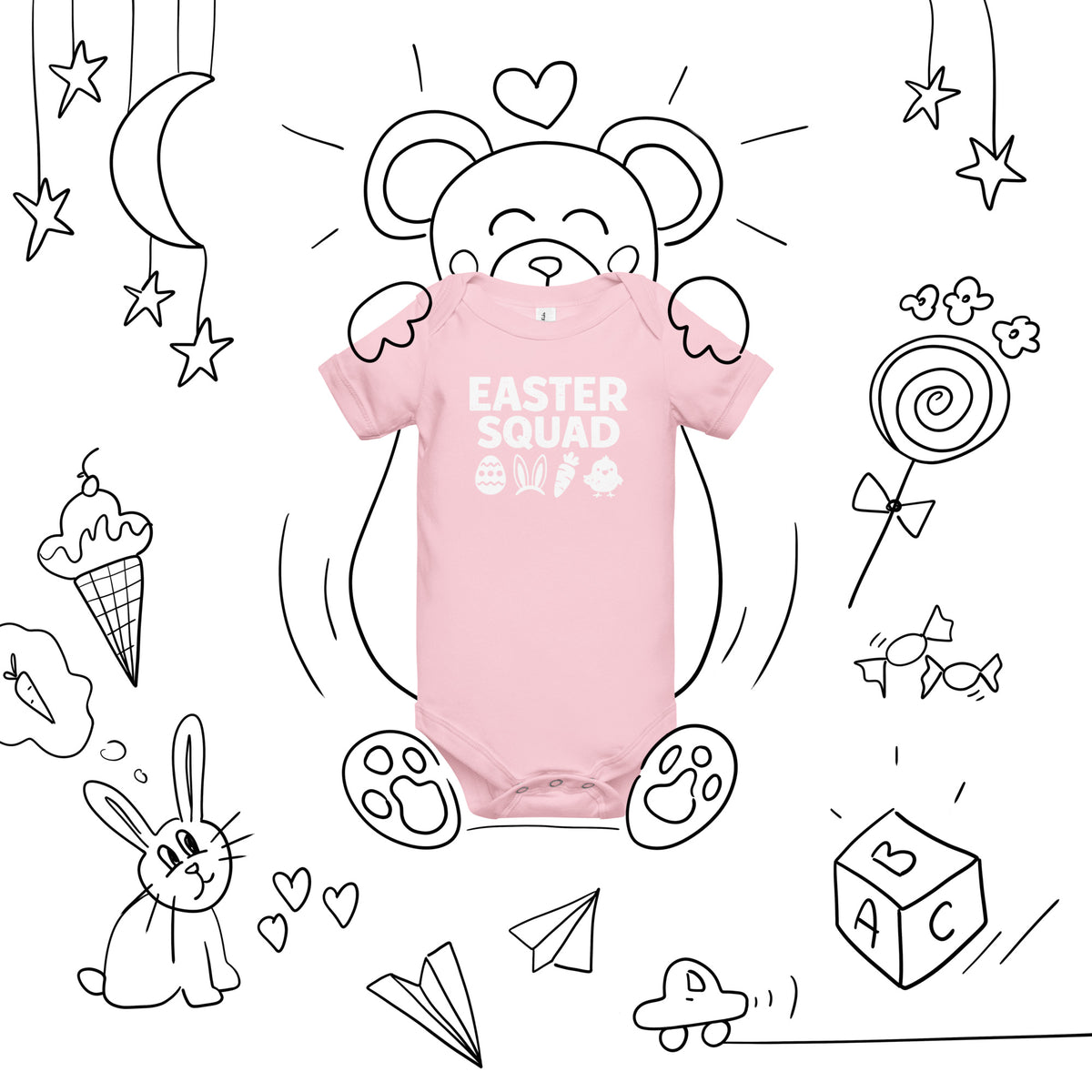 Back/detail view of Easter Squad (Bunny Icons) short sleeve one piece baby one-piece