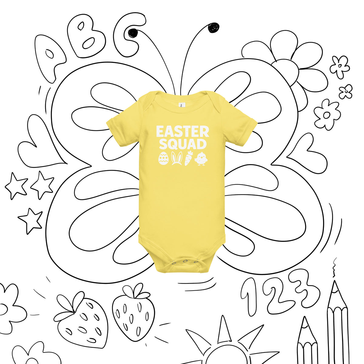 Back/detail view of Easter Squad (Bunny Icons) short sleeve one piece baby one-piece