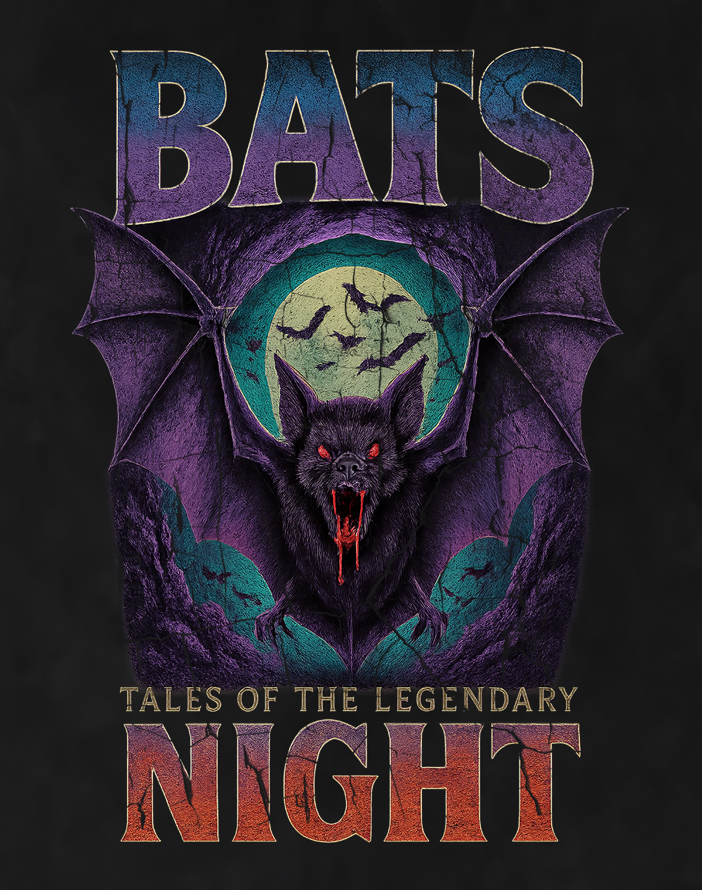 Back/detail view of Bats 90s Bootleg Vintage Oversized T-Shirt – Night Horror Streetwear graphic T-shirt