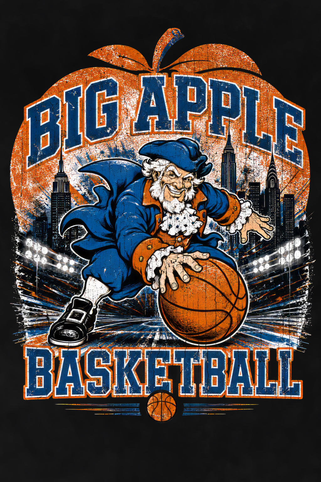 Big Apple Basketball Vintage NYC Retro Mascot Tee - Snow Washed Oversized Cotton T-Shirt