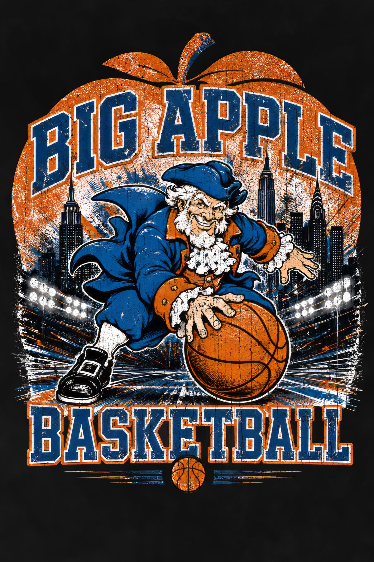 Big Apple Basketball Vintage NYC Retro Mascot Tee - Snow Washed Oversized Cotton T-Shirt