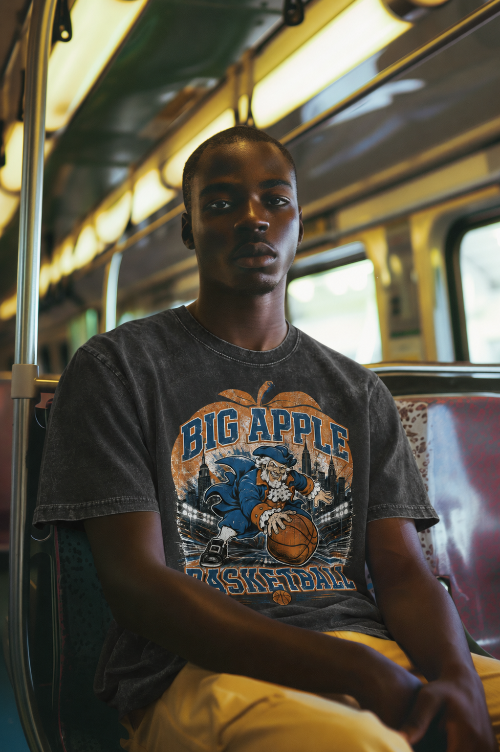 Big Apple Basketball Vintage NYC Retro Mascot Tee - Snow Washed Oversized Cotton T-Shirt