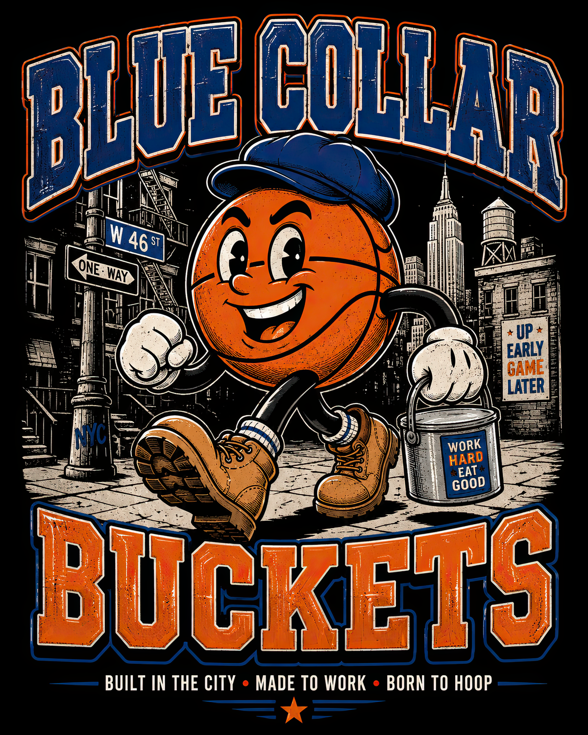 Blue Collar Buckets NYC Street Basketball - Streetwear Loose Drop Shoulder T-Shirt