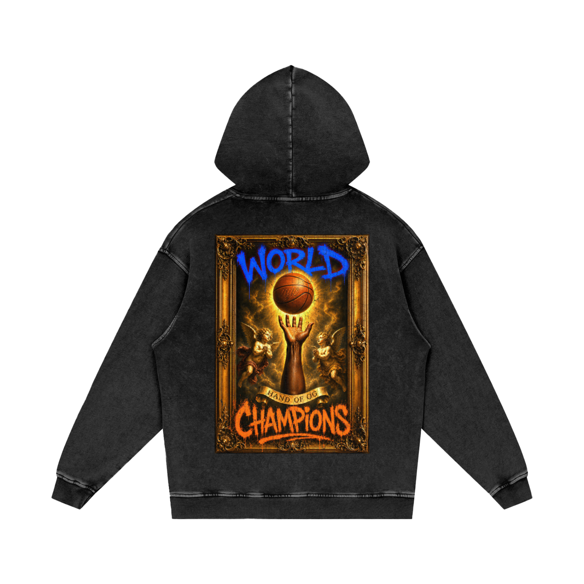 Back/detail view of The Hand of OG Snow Washed Loose Cotton Hoodie graphic hoodie