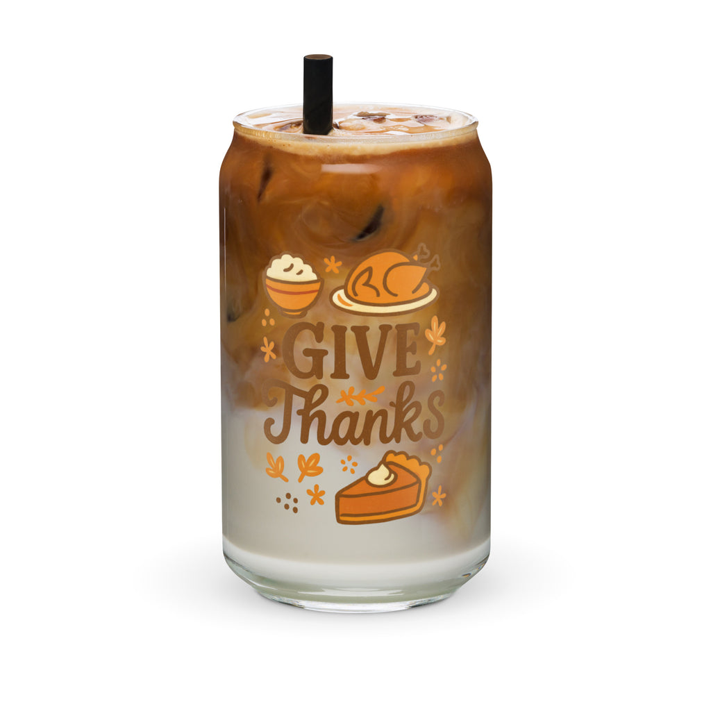 Front/product view of Give Thanks Can-Shaped Glass – 16 oz Vintage Soda Can Thanksgiving glassware