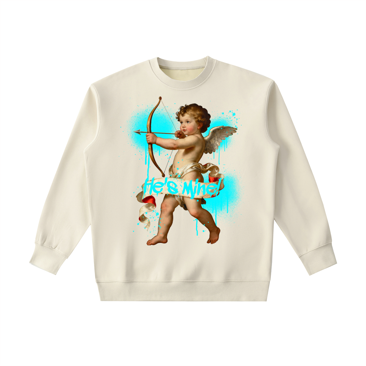 Back/detail view of He’s Mine Crewneck Sweatshirt — Cupid Arrow Aims graphic sweatshirt