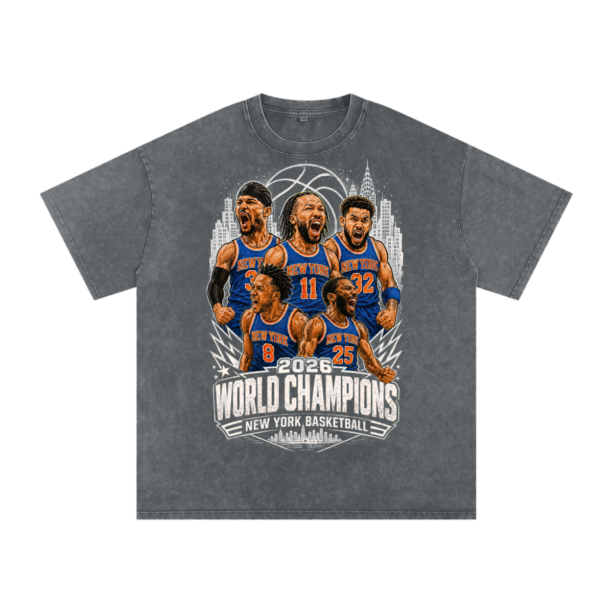 Back/detail view of New York Basketball 2026 World Champions Snow Washed Oversized Cotton graphic T-shirt