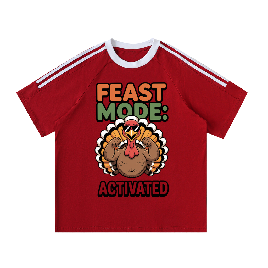 Front/product view of Feast Mode: Activated – Funny Thanksgiving Contrast Tape T-Shirt (100% graphic T-shirt