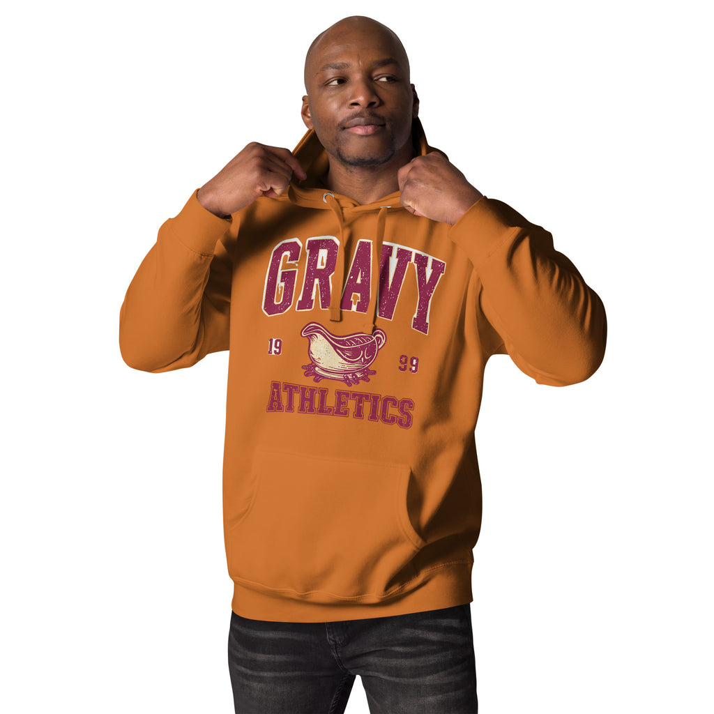 Back/detail view of Gravy Athletics Vintage Varsity Unisex Hoodie graphic hoodie