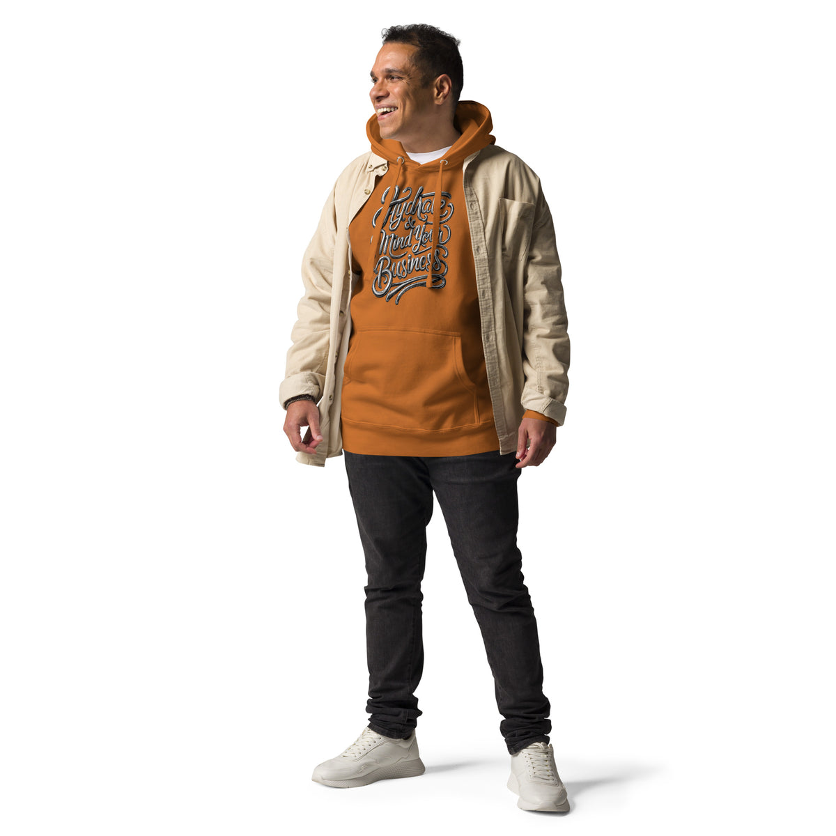 Back/detail view of Hydrate & Mind Your Business – Premium Unisex Pullover Hoodie (Clean graphic hoodie