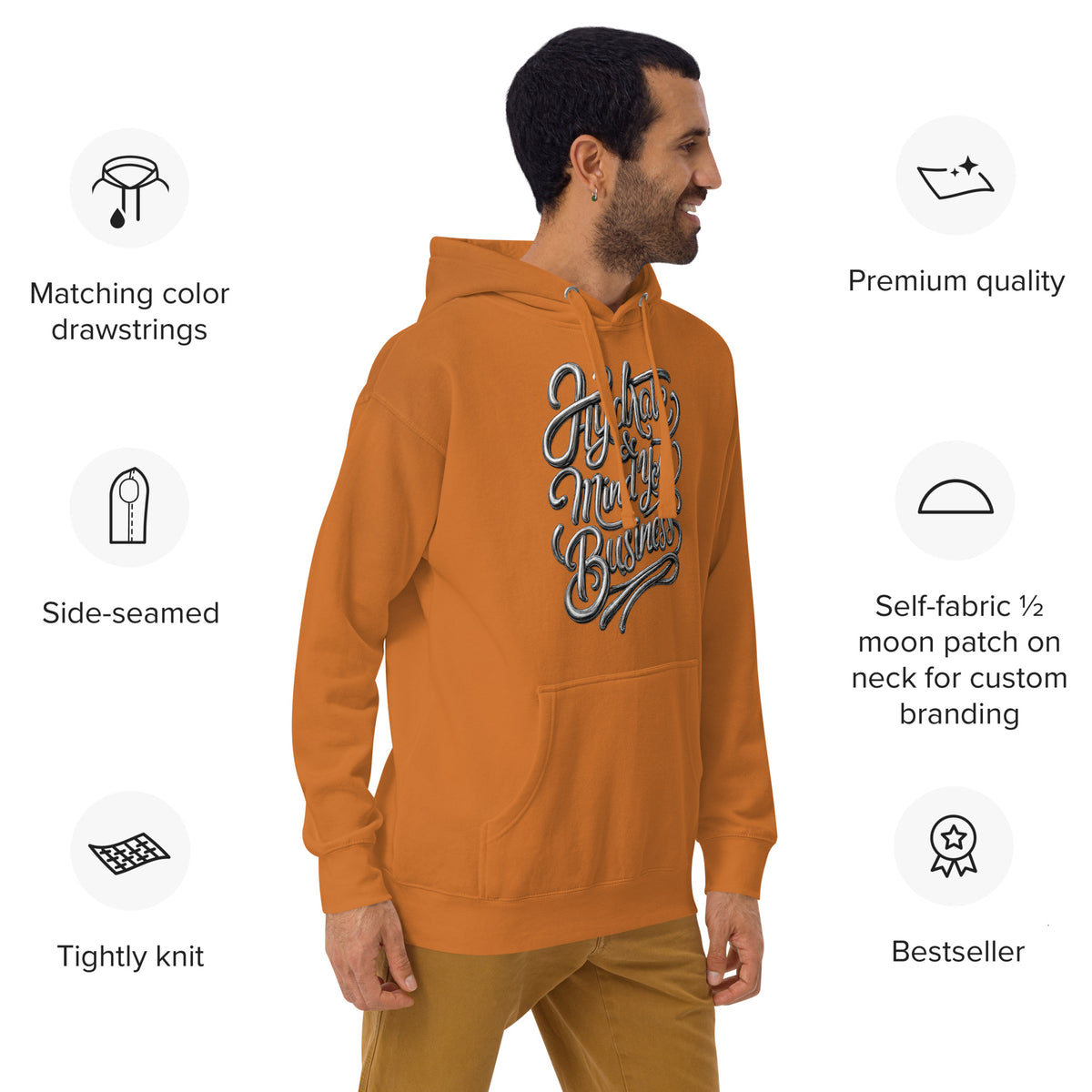 Back/detail view of Hydrate & Mind Your Business – Premium Unisex Pullover Hoodie (Clean graphic hoodie