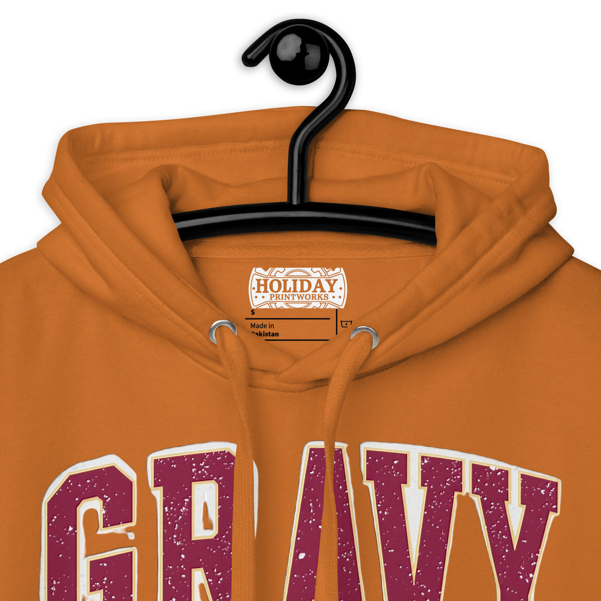 Back/detail view of Gravy Athletics Vintage Varsity Unisex Hoodie graphic hoodie