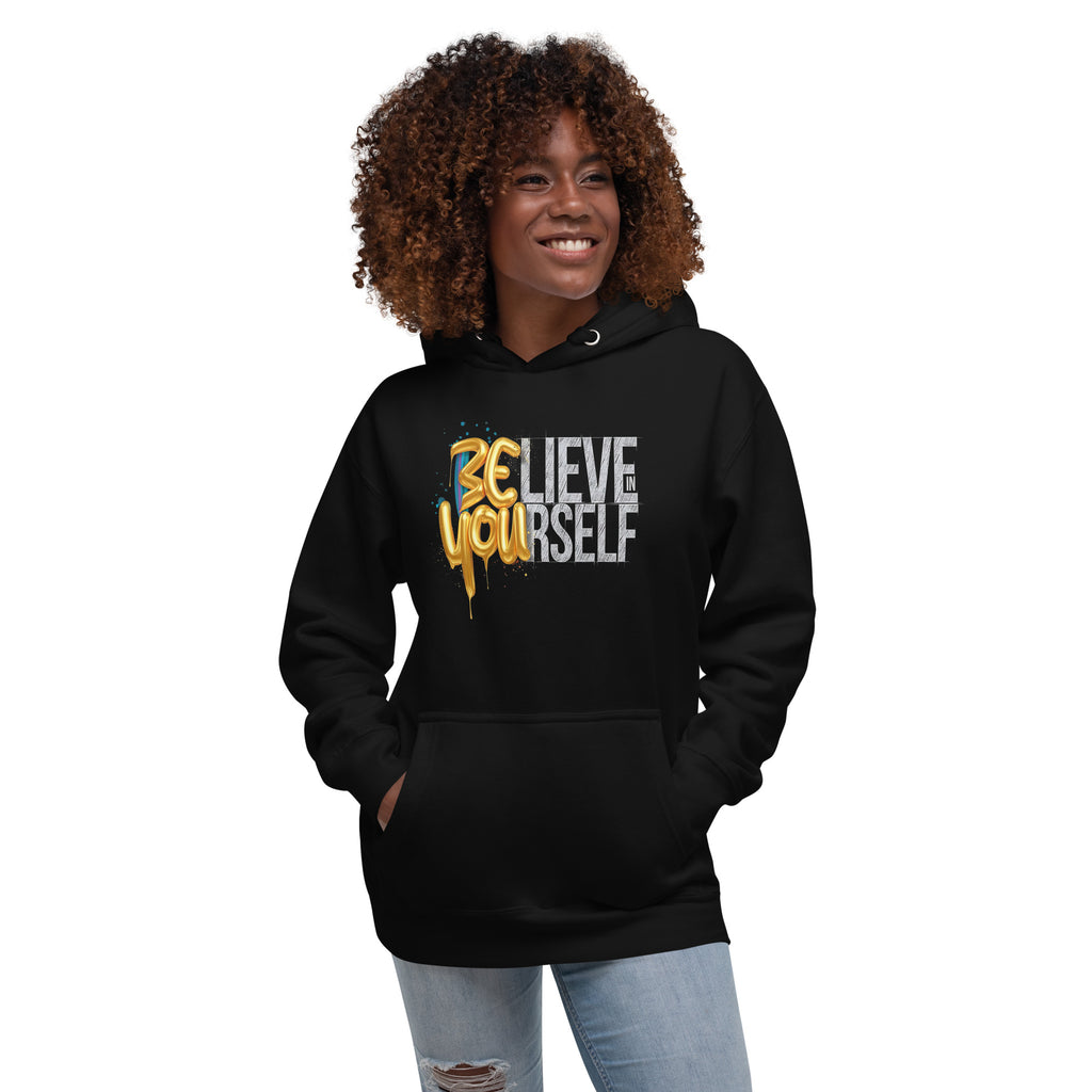 Back/detail view of Believe in Yourself – Adult Unisex Pullover Hoodie (Motivational graphic hoodie