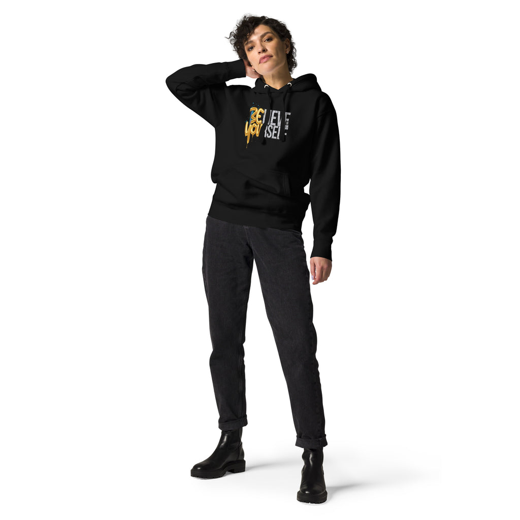 Back/detail view of Believe in Yourself – Adult Unisex Pullover Hoodie (Motivational graphic hoodie
