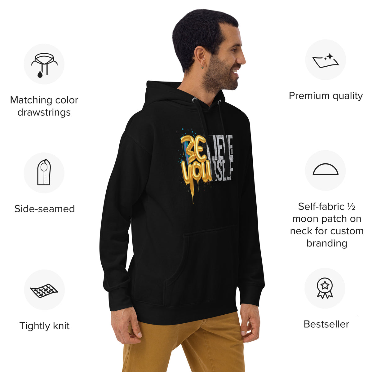 Back/detail view of Believe in Yourself – Adult Unisex Pullover Hoodie (Motivational graphic hoodie