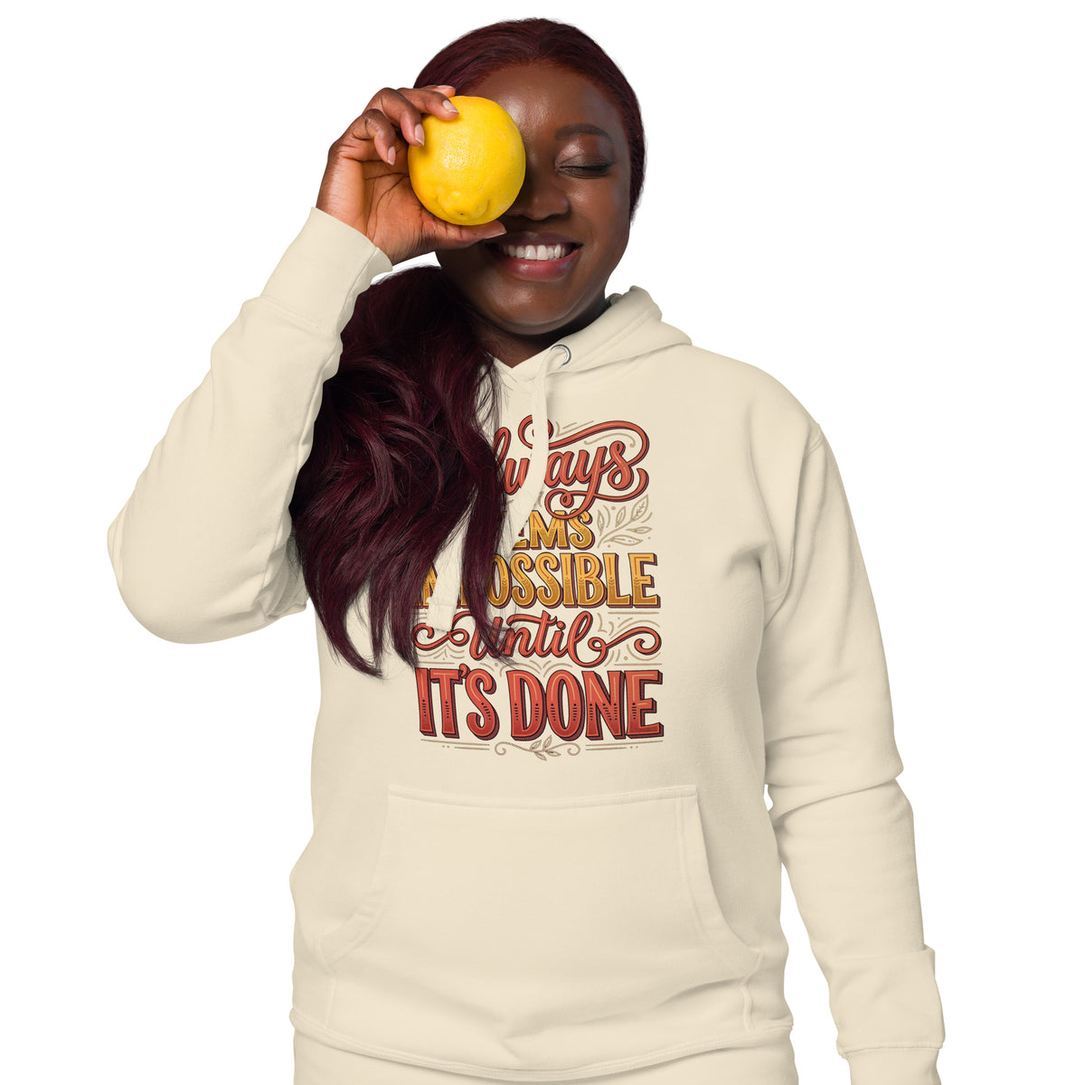 Back/detail view of It Always Seems Impossible Until It’s Done graphic hoodie