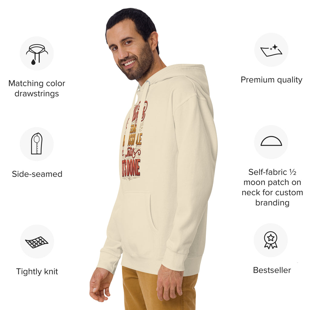 Back/detail view of It Always Seems Impossible Until It’s Done graphic hoodie