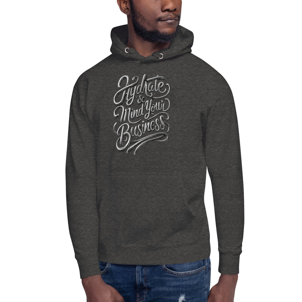 Back/detail view of Hydrate & Mind Your Business – Premium Unisex Pullover Hoodie (Clean graphic hoodie