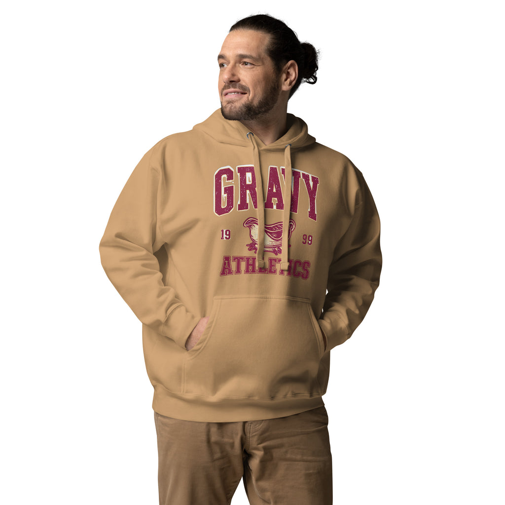 Back/detail view of Gravy Athletics Vintage Varsity Unisex Hoodie graphic hoodie