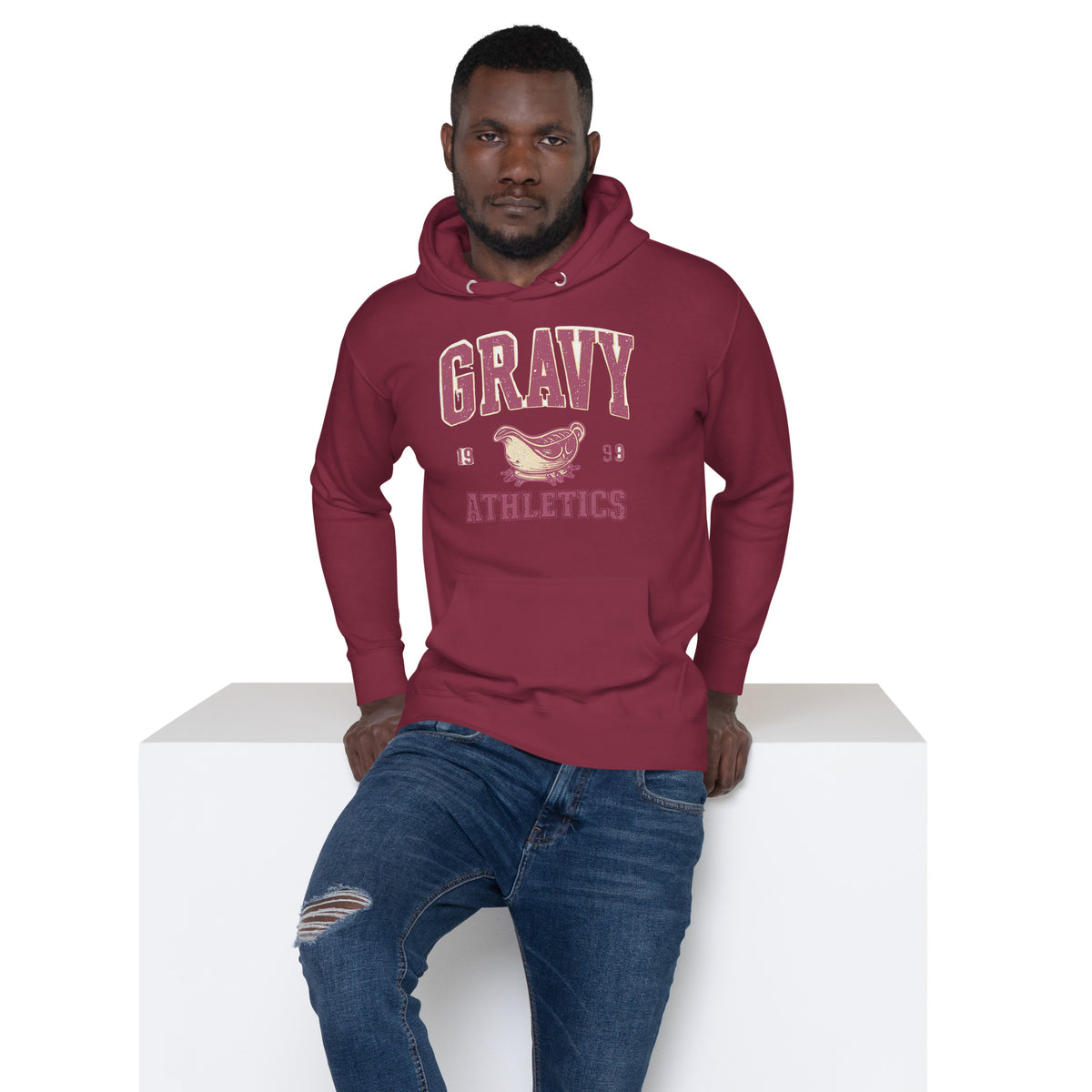 Back/detail view of Gravy Athletics Vintage Varsity Unisex Hoodie graphic hoodie