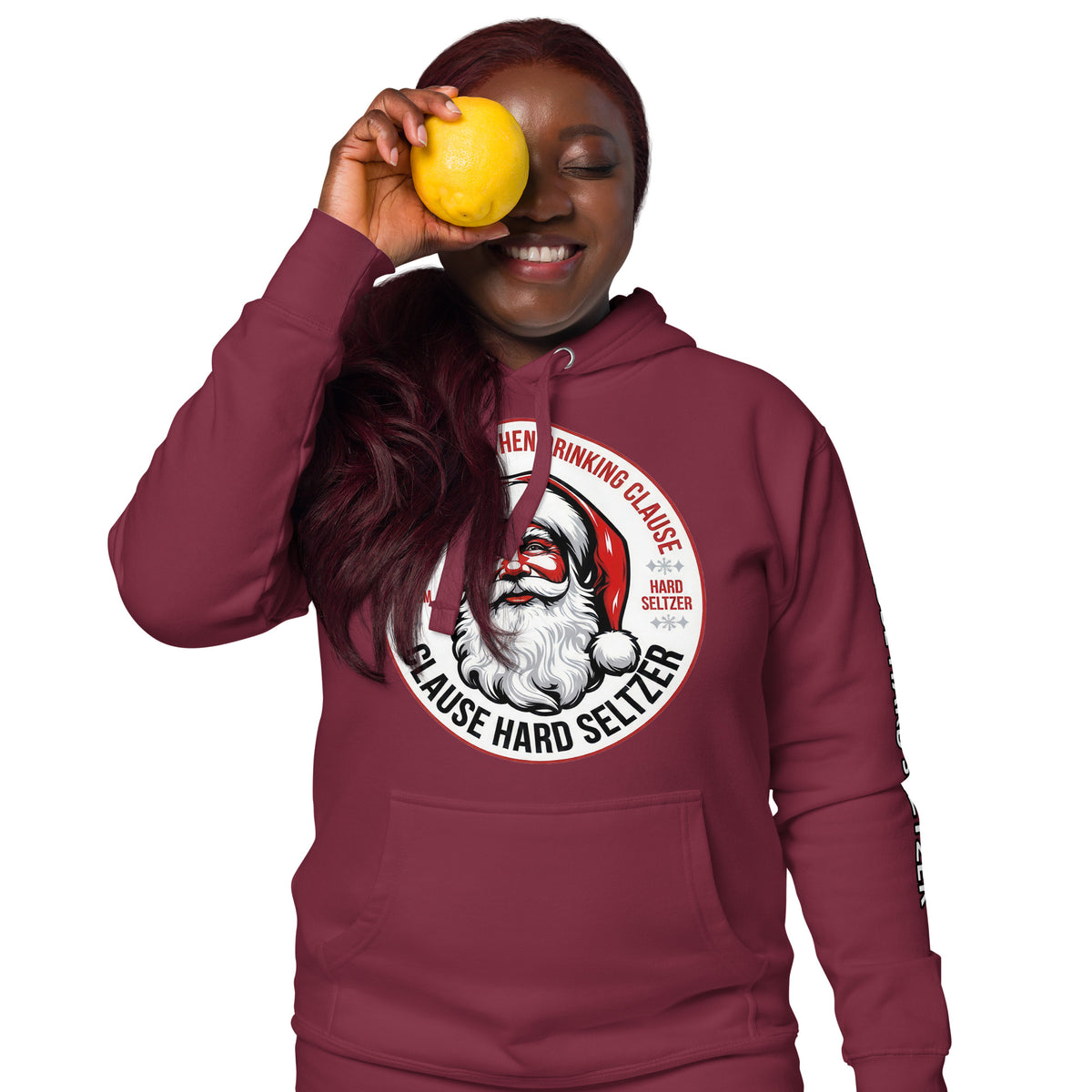 Back/detail view of Clause Hard Seltzer Hoodie – Unisex Premium Pullover graphic hoodie