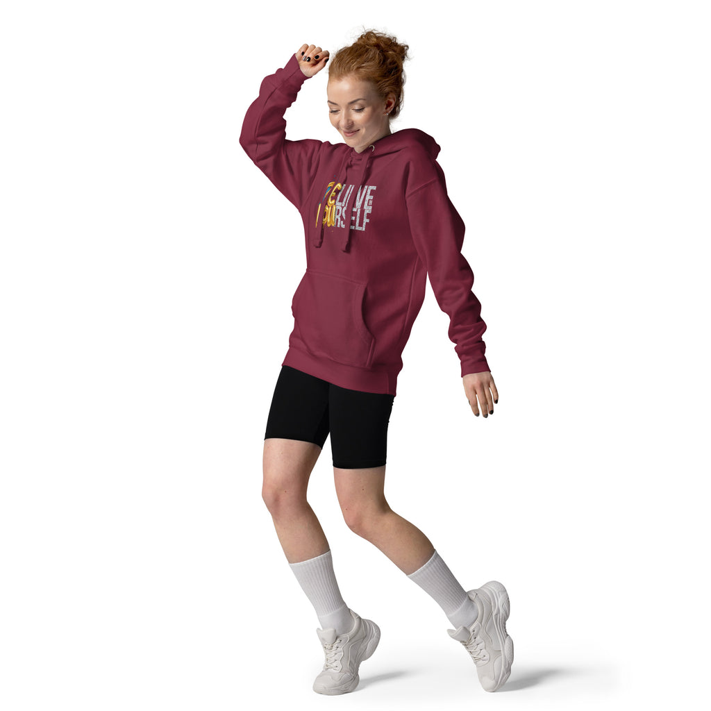 Back/detail view of Believe in Yourself – Adult Unisex Pullover Hoodie (Motivational graphic hoodie