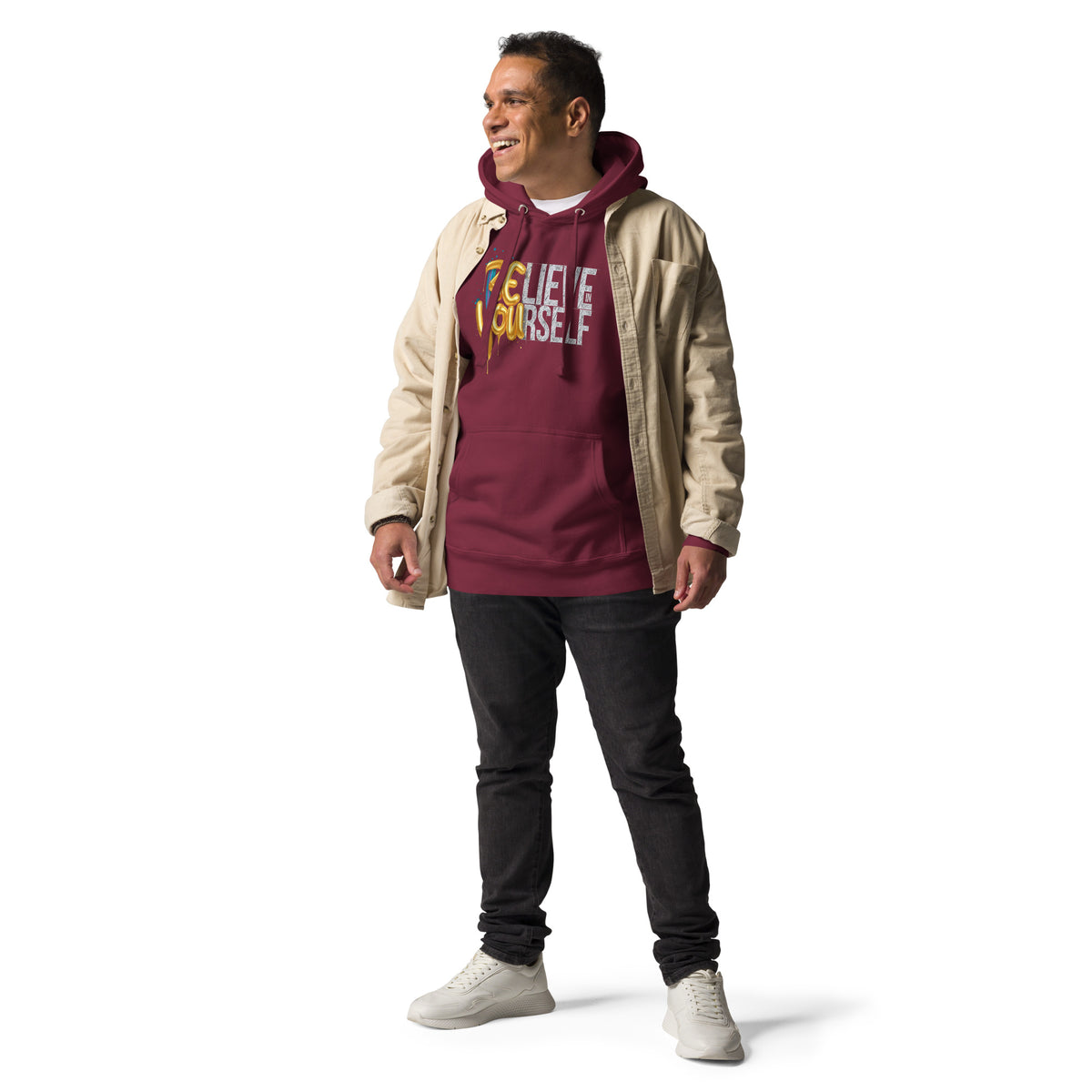 Back/detail view of Believe in Yourself – Adult Unisex Pullover Hoodie (Motivational graphic hoodie