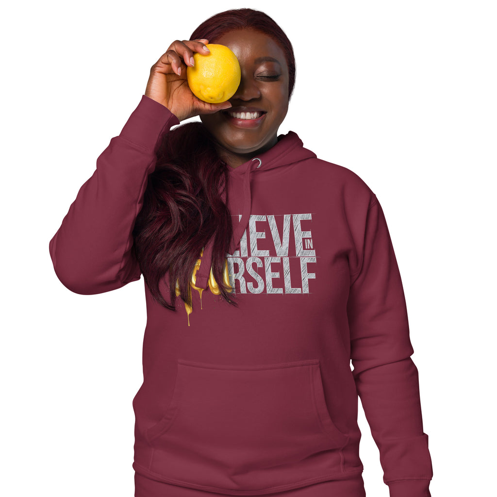 Back/detail view of Believe in Yourself – Adult Unisex Pullover Hoodie (Motivational graphic hoodie
