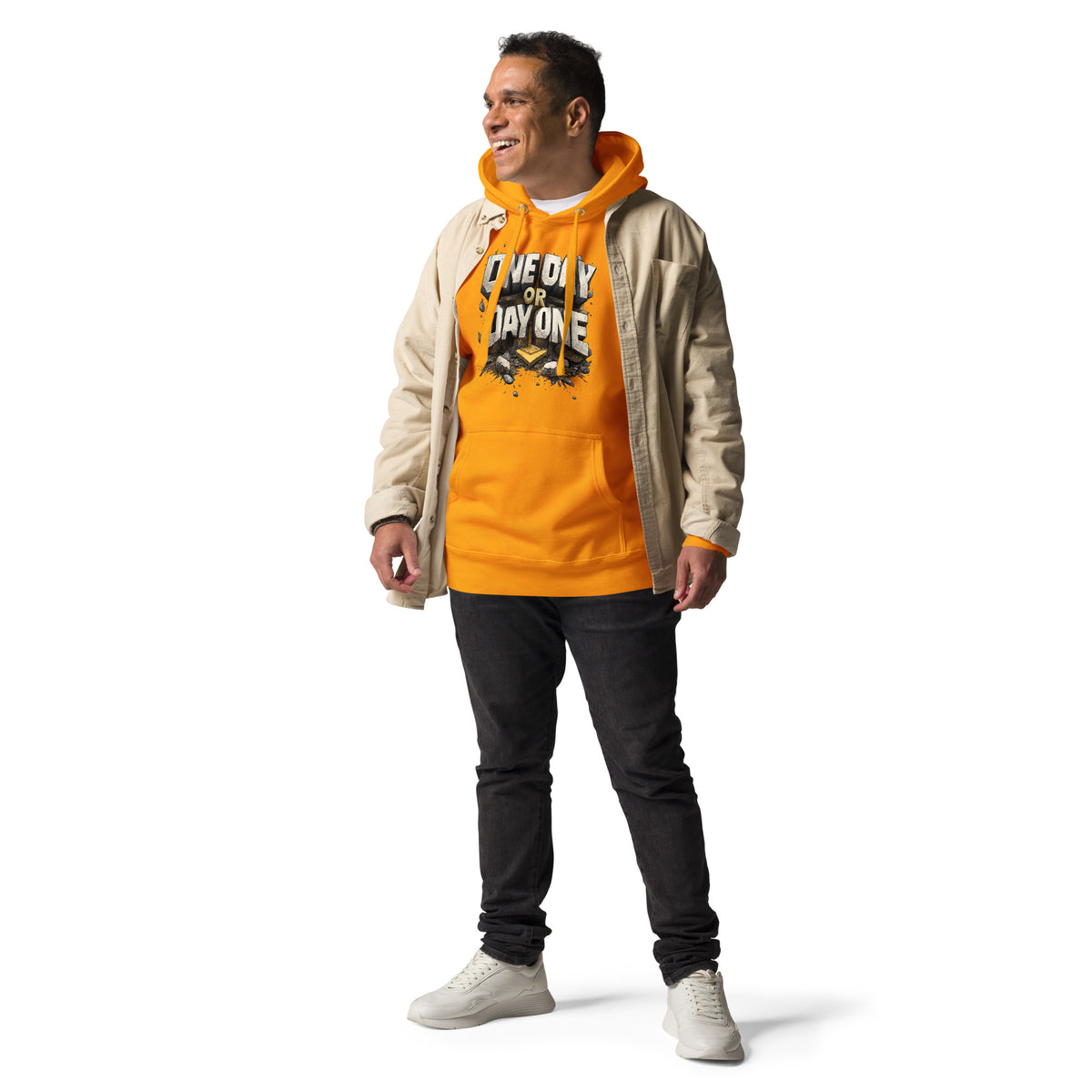 Back/detail view of One Day or Day One – Premium Unisex Pullover Hoodie (Motivation Quote) graphic hoodie