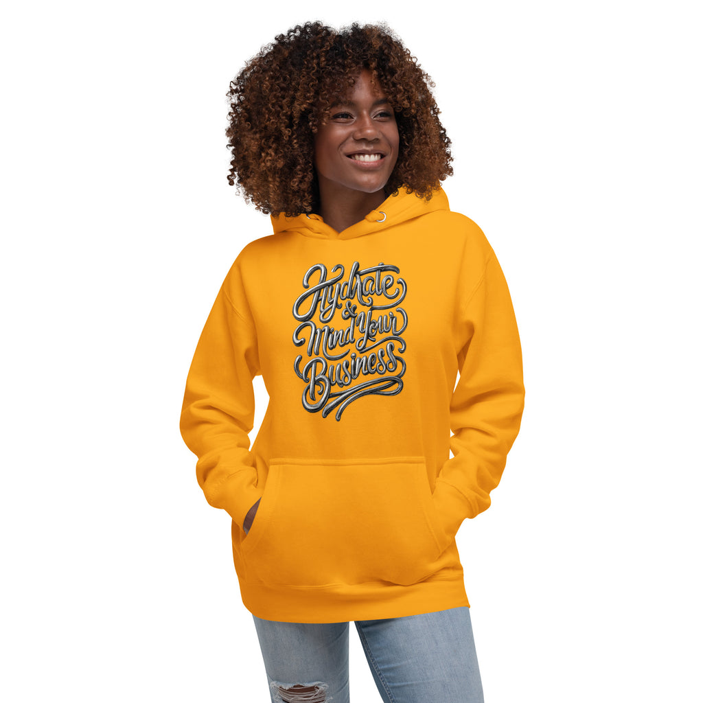 Back/detail view of Hydrate & Mind Your Business – Premium Unisex Pullover Hoodie (Clean graphic hoodie