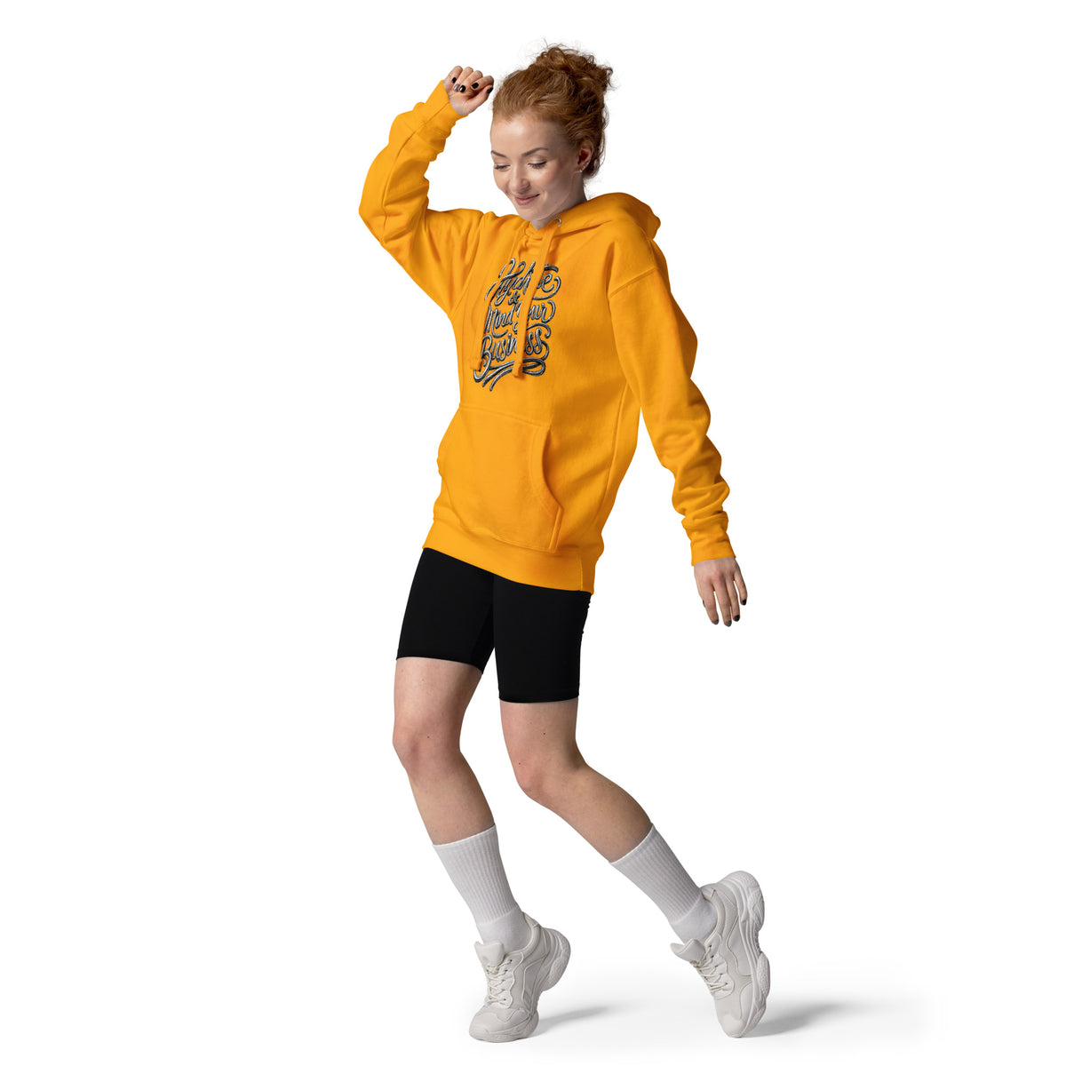 Back/detail view of Hydrate & Mind Your Business – Premium Unisex Pullover Hoodie (Clean graphic hoodie