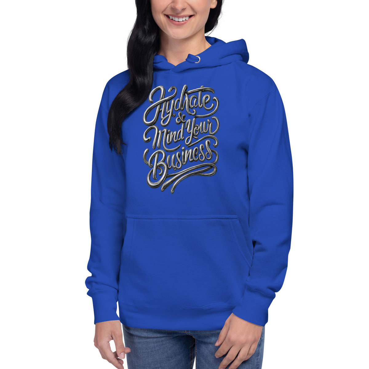 Back/detail view of Hydrate & Mind Your Business – Premium Unisex Pullover Hoodie (Clean graphic hoodie