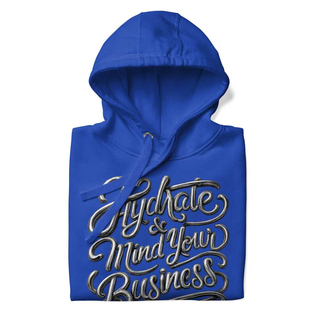 Back/detail view of Hydrate & Mind Your Business – Premium Unisex Pullover Hoodie (Clean graphic hoodie