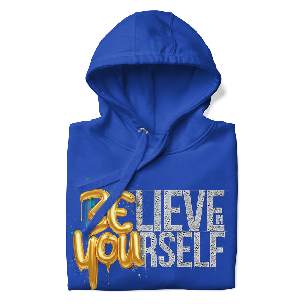 Back/detail view of Believe in Yourself – Adult Unisex Pullover Hoodie (Motivational graphic hoodie